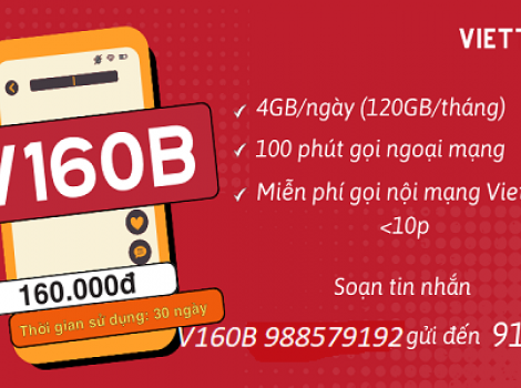 Gói 4G Viettel tháng cước phí 160k + 120Gb data tốc độ cao