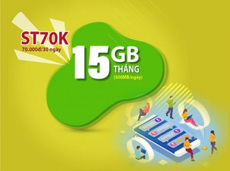 70k với gói cước ST70K không lo hết data ưu đãi 15Gb data siêu tốc độ